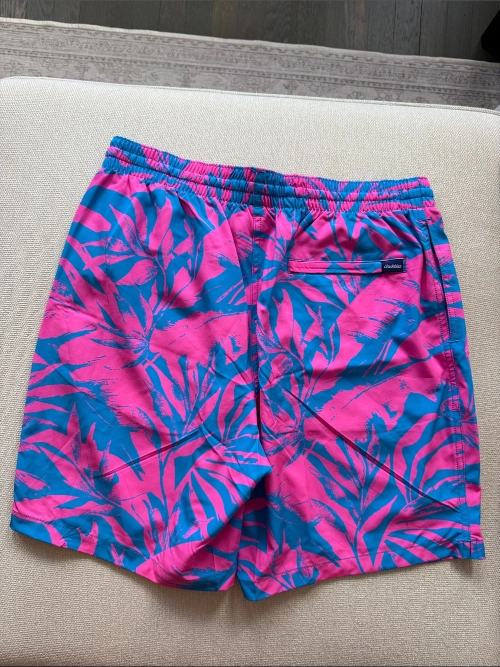 chubbies Pink & Blue Tropical Leaf Swim Trunks